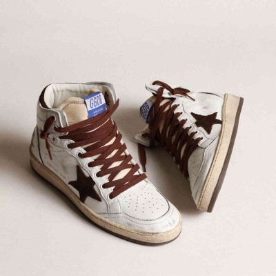 Golden Goose Sky-Star Sneakers In White Nappa Leather With Chocolate Suede Star