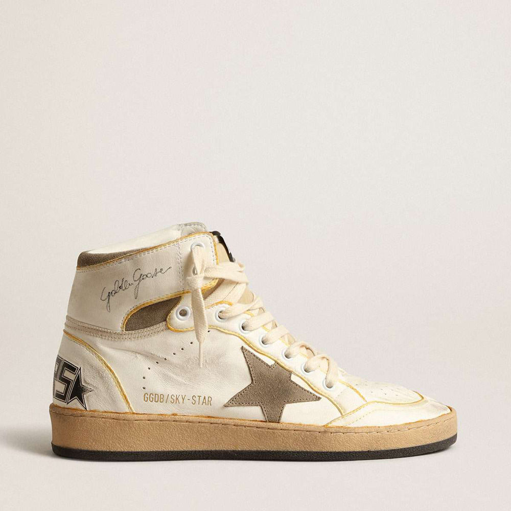 Golden Goose Sky-Star Sneakers In White Nappa Leather With Dove-gray Suede Star