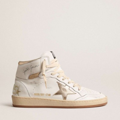 Golden Goose Sky-Star Sneakers In White Nappa Leather With Gold Metallic Leather Star And Heel Tab