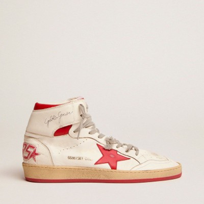 Golden Goose Sky-Star Sneakers In White Nappa With Red Star And Heel Tab