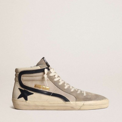 Golden Goose Slide Sneakers In Beige Mesh And Nylon With Blue Leather Star And Flash