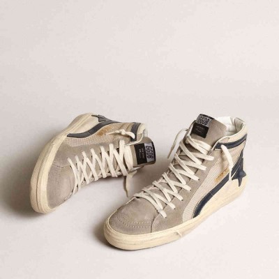 Golden Goose Slide Sneakers In Beige Mesh And Nylon With Blue Leather Star And Flash