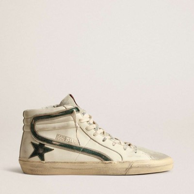 Golden Goose Slide Sneakers In Beige Nappa With Green Laminated Leather Star And Flash