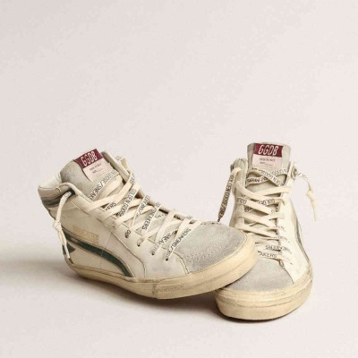 Golden Goose Slide Sneakers In Beige Nappa With Green Laminated Leather Star And Flash