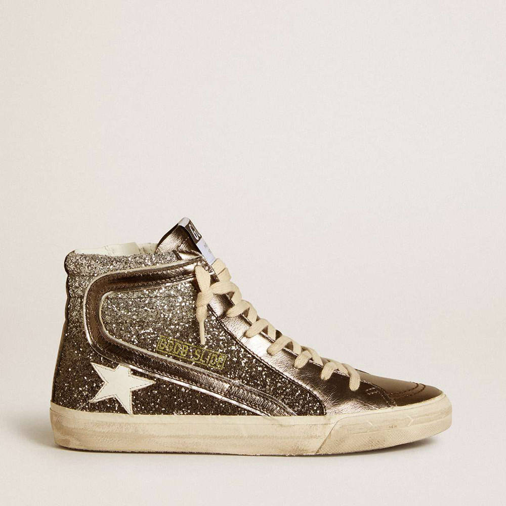 Golden Goose Slide Sneakers In Black And Silver Glitter With Leather Star And Metallic Flash