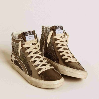 Golden Goose Slide Sneakers In Black And Silver Glitter With Leather Star And Metallic Flash