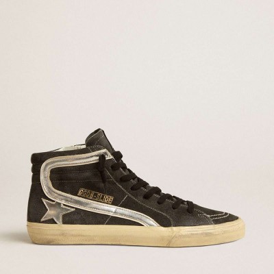 Golden Goose Slide Sneakers In Black Suede With Silver Metallic Leather Star And Flash