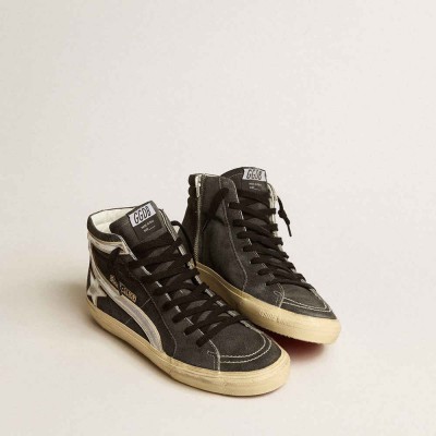 Golden Goose Slide Sneakers In Black Suede With Silver Metallic Leather Star And Flash
