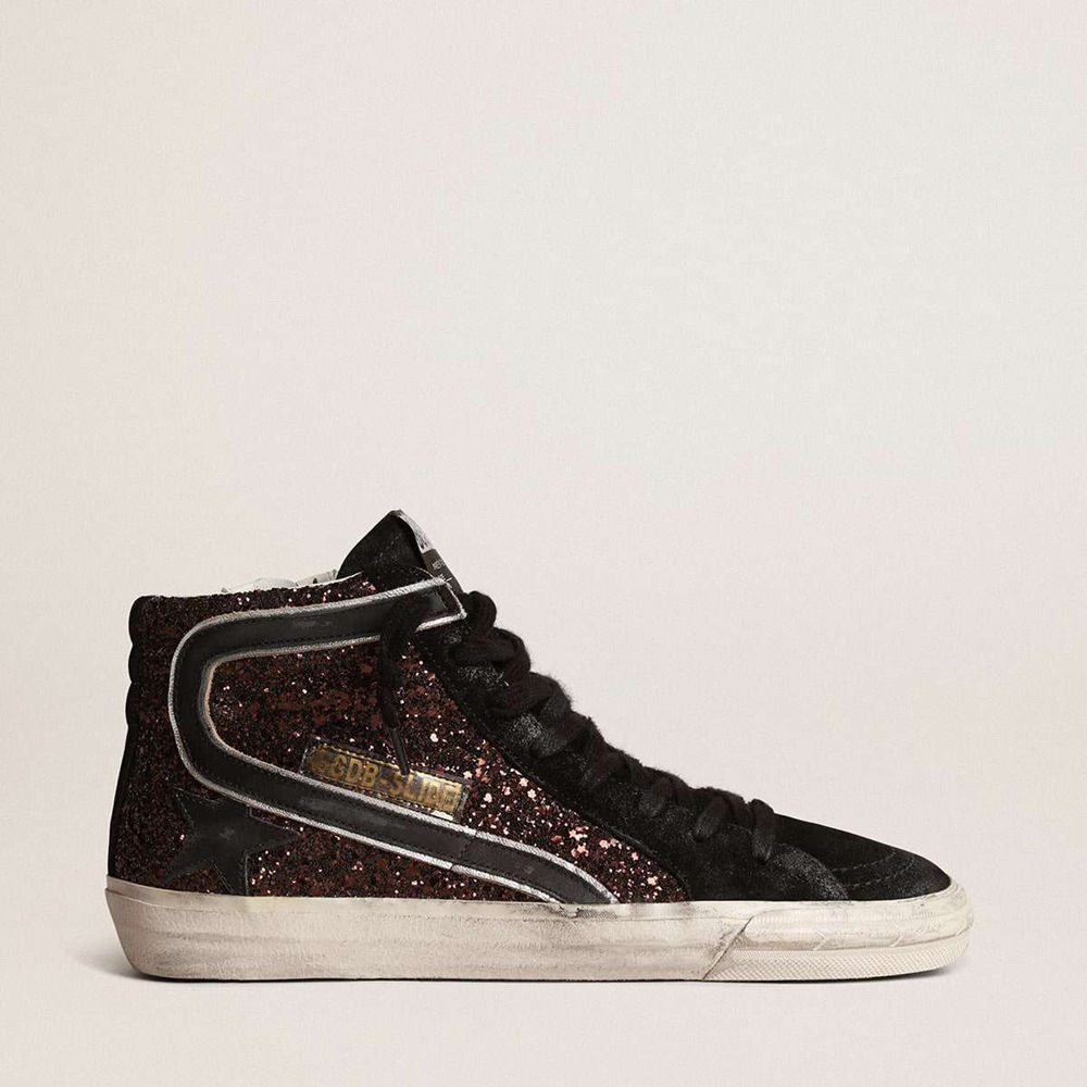 Golden Goose Slide Sneakers In Brown Glitter With Black Leather Star And Flash