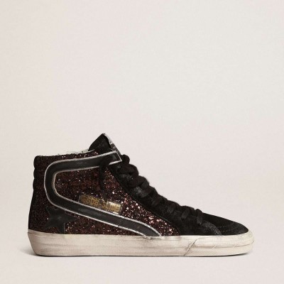 Golden Goose Slide Sneakers In Brown Glitter With Black Leather Star And Flash
