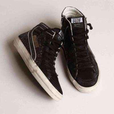 Golden Goose Slide Sneakers In Brown Glitter With Black Leather Star And Flash