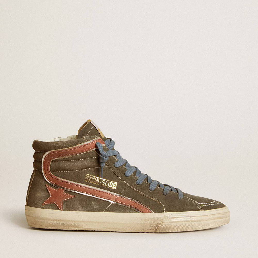 Golden Goose Slide Sneakers In Gray Suede With Brown Nubuck Star And Flash