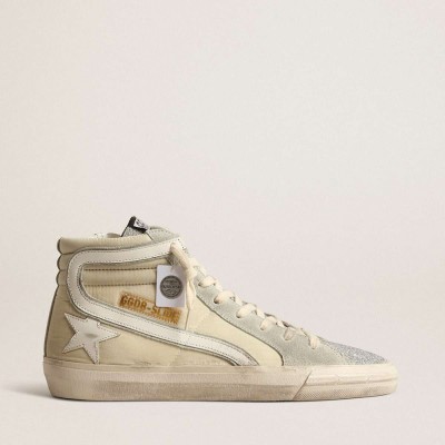 Golden Goose Slide Sneakers In Ivory Nylon With White Leather Star And Silver Swarovski Crystal Tongue