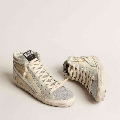 Golden Goose Slide Sneakers In Ivory Nylon With White Leather Star And Silver Swarovski Crystal Tongue