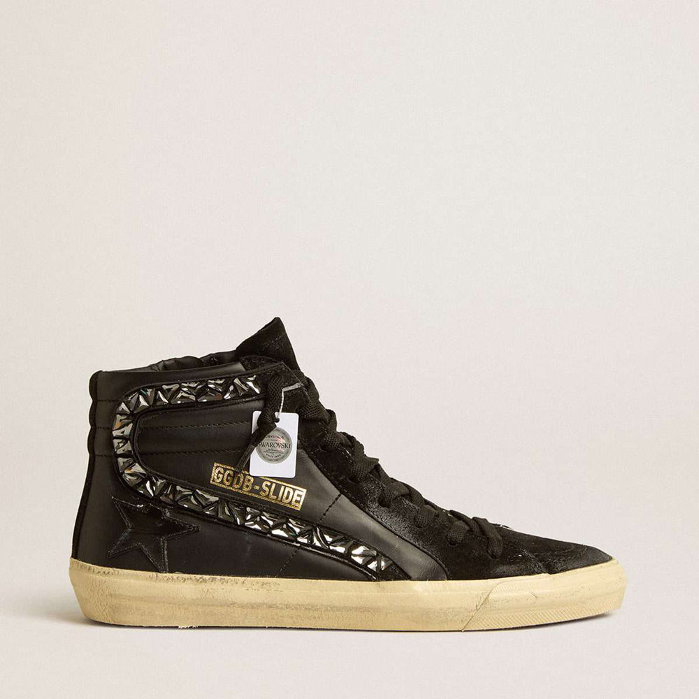 Golden Goose Slide Sneakers In Leather With Black Star And Swarovski Crystal Flash