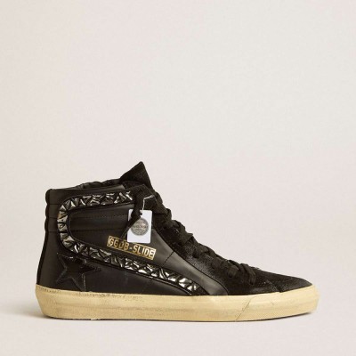 Golden Goose Slide Sneakers In Leather With Black Star And Swarovski Crystal Flash