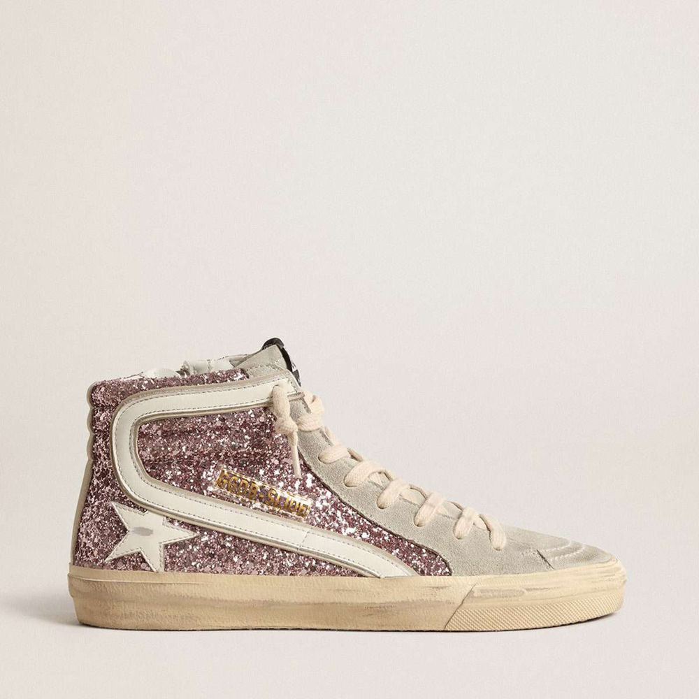 Golden Goose Slide Sneakers In Lilac Glitter With White Leather Star And Flash