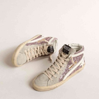 Golden Goose Slide Sneakers In Lilac Glitter With White Leather Star And Flash