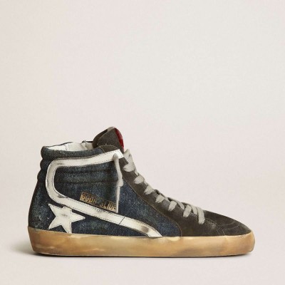 Golden Goose Slide Sneakers In Midnight-blue Denim With White Leather Star