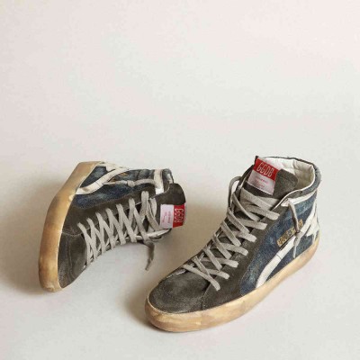 Golden Goose Slide Sneakers In Midnight-blue Denim With White Leather Star