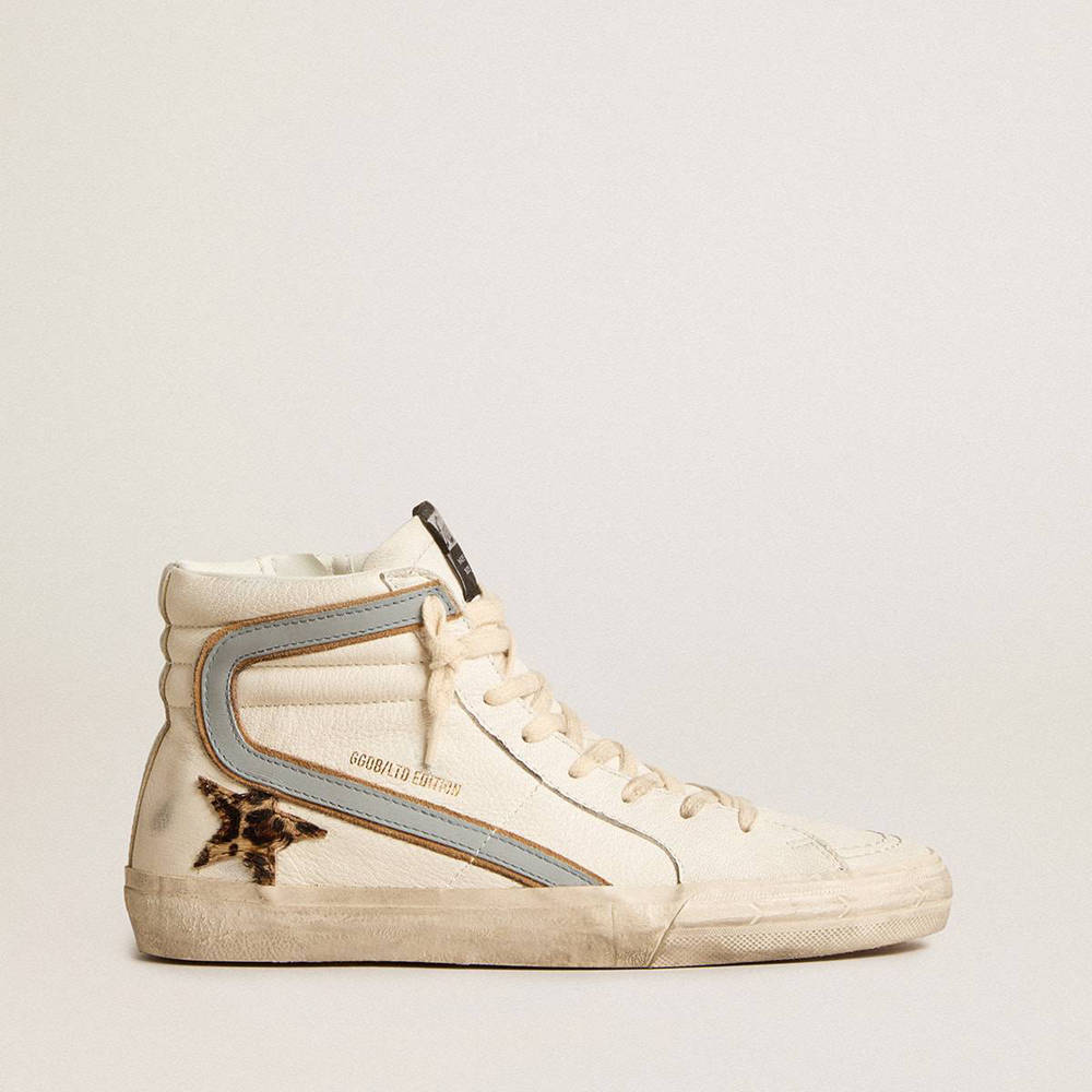 Golden Goose Slide Sneakers In Nappa With Leopard-print Pony Skin Star And Gray Nappa Flash