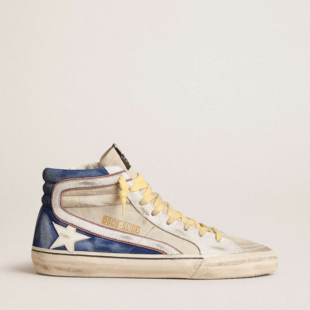 Golden Goose Slide Sneakers In Pearl Canvas And Blue Suede With White Leather Star And Flash