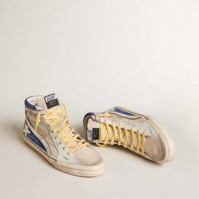 Golden Goose Slide Sneakers In Pearl Canvas And Blue Suede With White Leather Star And Flash