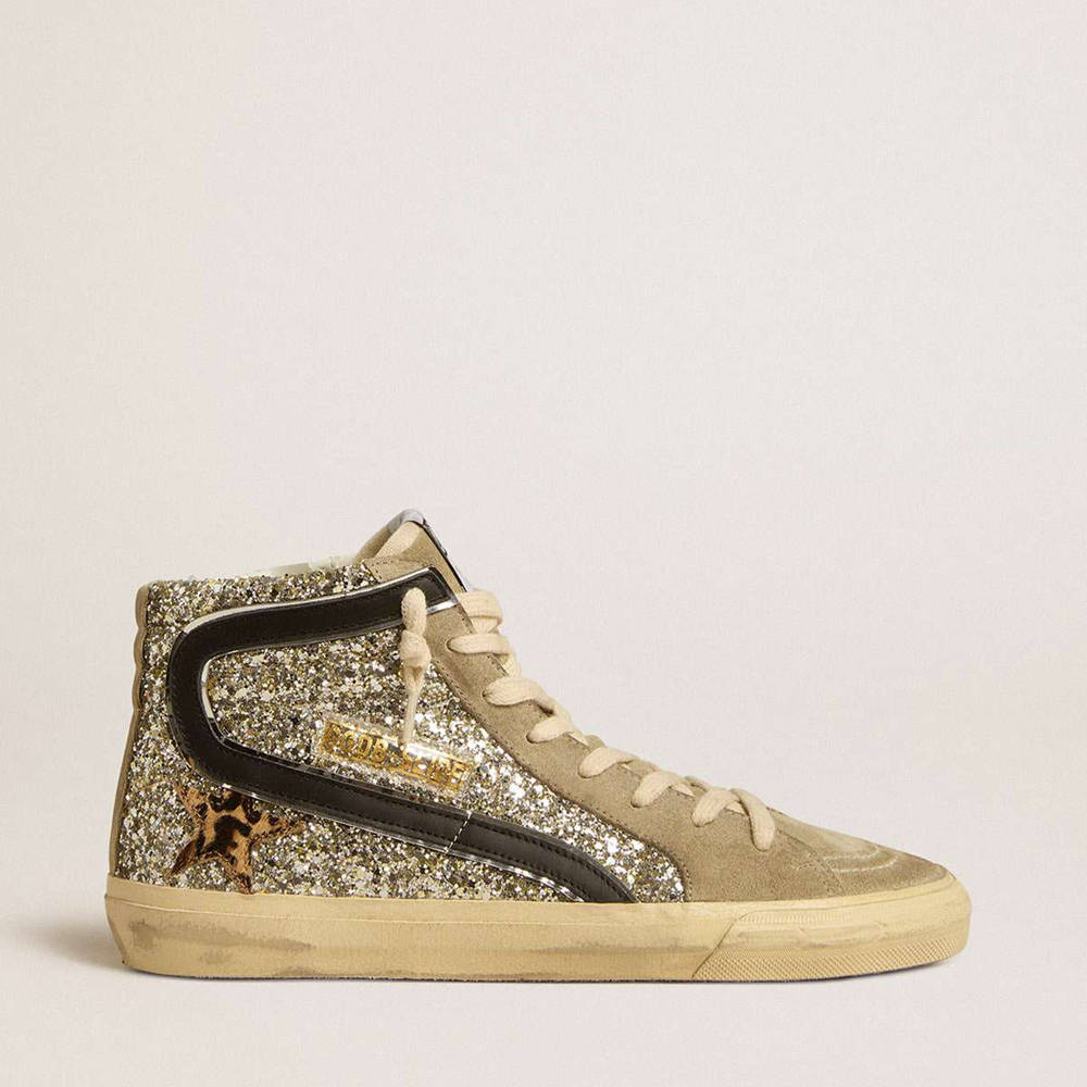 Golden Goose Slide Sneakers In Platinum Glitter With Leopard-print Pony Skin Star And Black Flash