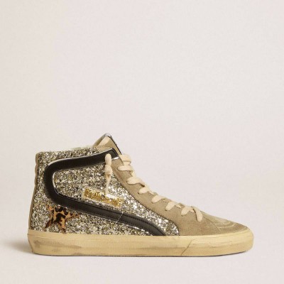 Golden Goose Slide Sneakers In Platinum Glitter With Leopard-print Pony Skin Star And Black Flash