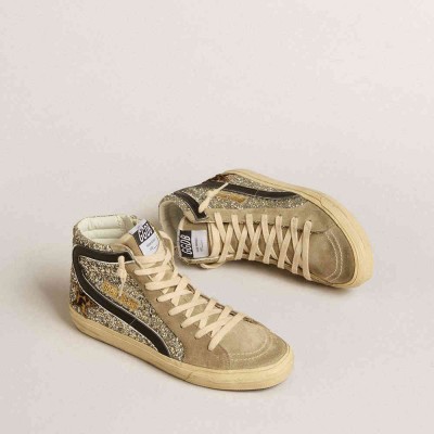 Golden Goose Slide Sneakers In Platinum Glitter With Leopard-print Pony Skin Star And Black Flash