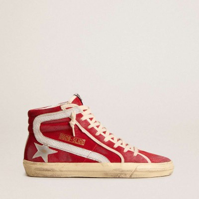 Golden Goose Slide Sneakers In Red Suede With Silver Star And Lizard Print Flash