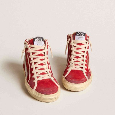 Golden Goose Slide Sneakers In Red Suede With Silver Star And Lizard Print Flash