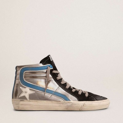 Golden Goose Slide Sneakers In Silver Metallic Leather With White Leather Star