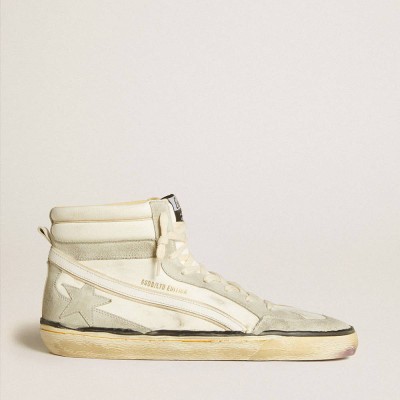 Golden Goose Slide Sneakers LAB In Aged-white Nappa Leather With Gray Suede Star And White Leather Flash