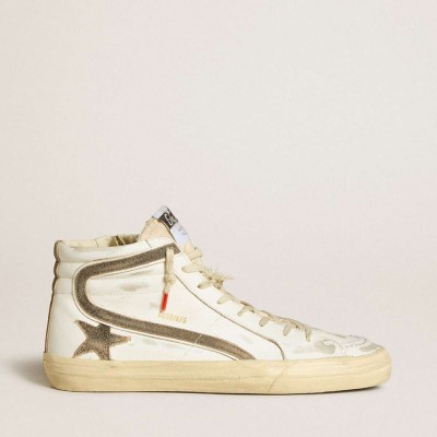 Golden Goose Slide Sneakers LAB In White Leather With Star And Flash In Brown Suede