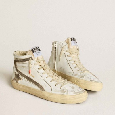 Golden Goose Slide Sneakers LAB In White Leather With Star And Flash In Brown Suede