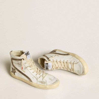 Golden Goose Slide Sneakers LAB In White Leather With Star And Flash In Brown Suede
