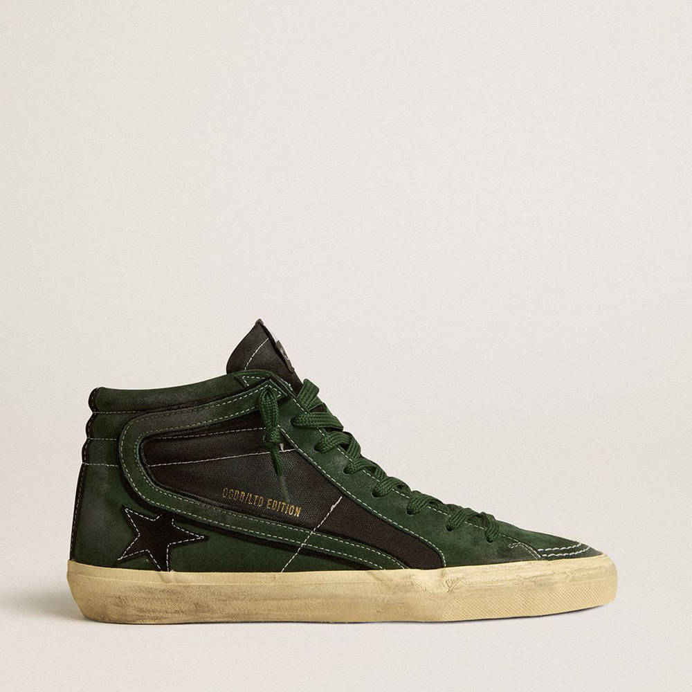 Golden Goose Slide LTD Sneakers In Green Suede And Black Canvas With Suede Star And Flash