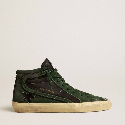 Golden Goose Slide LTD Sneakers In Green Suede And Black Canvas With Suede Star And Flash