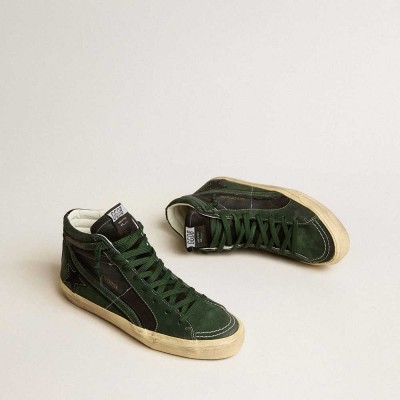 Golden Goose Slide LTD Sneakers In Green Suede And Black Canvas With Suede Star And Flash