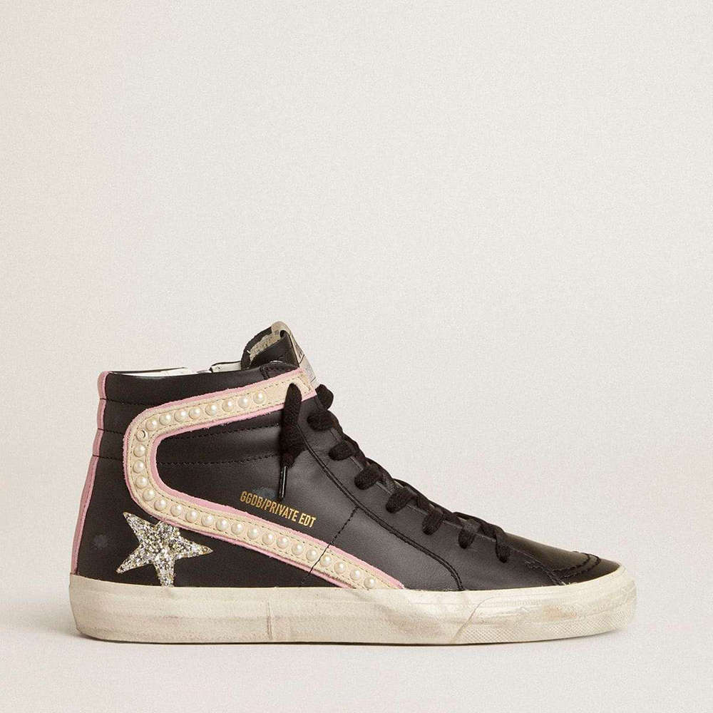 Golden Goose Slide LTD Sneakers With Platinum Glitter Star And Suede Flash With Pearls