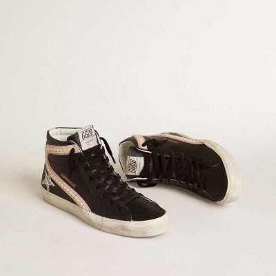 Golden Goose Slide LTD Sneakers With Platinum Glitter Star And Suede Flash With Pearls