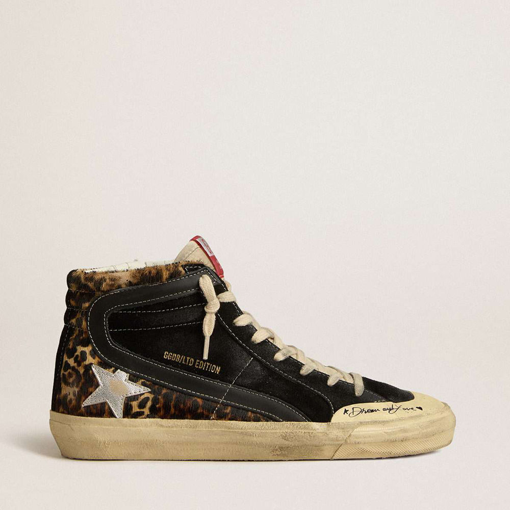 Golden Goose Slide Sneakers Penstar LTD Sneakers In Leopard-print Pony Skin With Silver Star And Black Flash