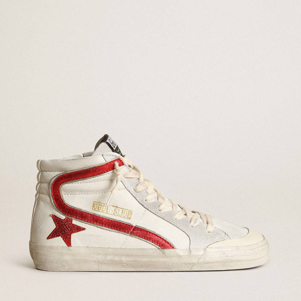 Golden Goose Slide Sneakers With A Red Laminated Leather Star And Flash