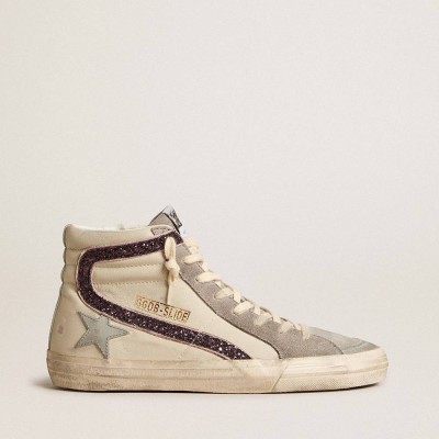 Golden Goose Slide Sneakers With Gray Leather Star And Wine-colored Glitter Flash
