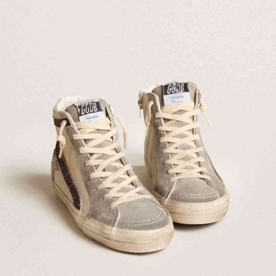 Golden Goose Slide Sneakers With Gray Leather Star And Wine-colored Glitter Flash