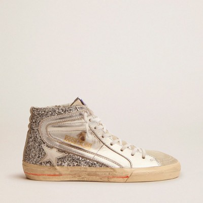 Golden Goose Slide Sneakers With Laminated Leather Upper And Silver Glitter