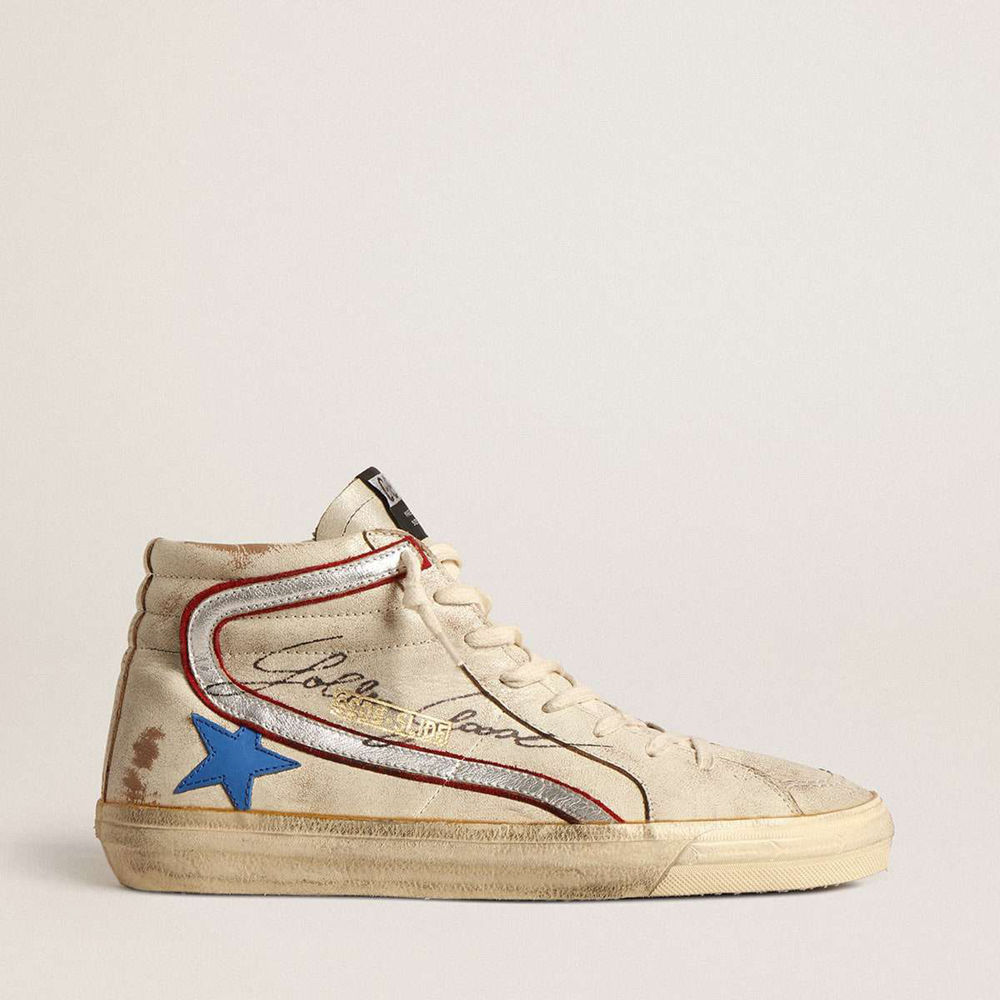 Golden Goose Slide Sneakers With Light Blue Leather Star And Metallic Silver Leather Flash