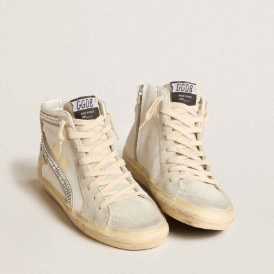 Golden Goose Slide Sneakers With Nude Leather Star And Suede And Swarovski Crystal Flash