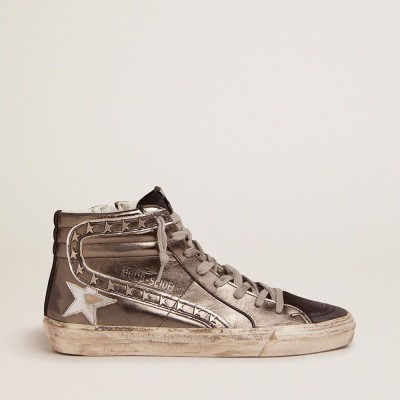 Golden Goose Slide Sneakers With Silver Laminated Leather Upper And Studs